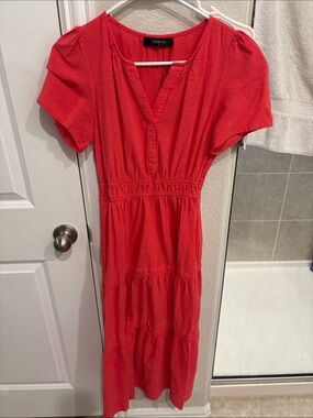 Red V-Neck Tiered Midi Dress